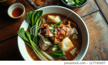 Delicious Asian cuisine soup with fresh green bok choy, meat dumplings and toppings, close up shot Delicious Asian cuisine soup with fresh green bok choy, meat dumplings and toppings, close up shot 127780897