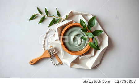 Top-down view of a wooden bowl of face mask with leaves and a brush on white background Top-down view of a wooden bowl of face mask with leaves and a brush on white background 127780898