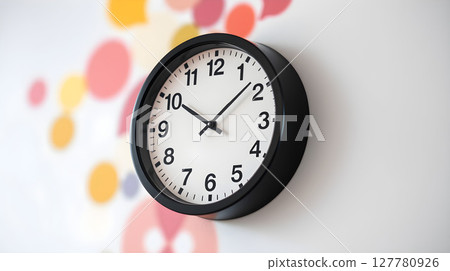 A close-up shot of a round black clock mounted on a white wall, showing time. 127780926
