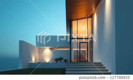 Refined white house with linear design. 127780935
