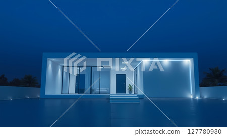 White modern house at deep blue twilight. 127780980