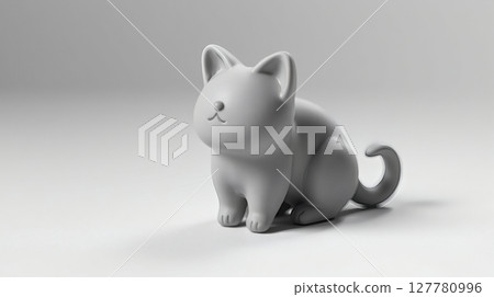 Minimalist grey cat figurine sitting, capturing a serene and adorable representation on a plain background. 127780996