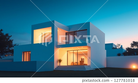 Modern white house with geometric features. 127781018