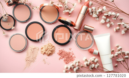 Still life image of makeup products, including powder compacts and lipstick, on a pink background with flowers. 127781020