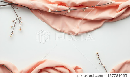 Elegant peach fabric and sprig on a bright white background, perfect for a minimalist aesthetic. 127781065