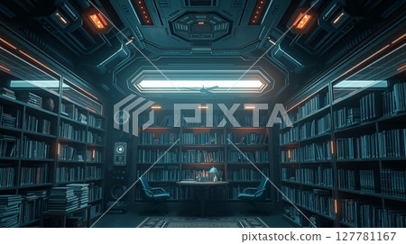 Futuristic Library Interior with Books and Modern Design 127781167