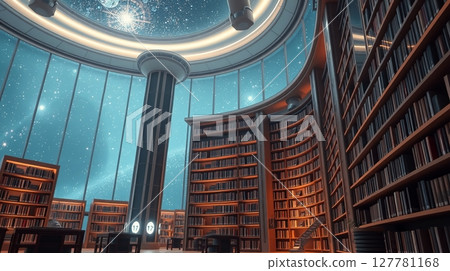 Futuristic library with starry sky background and bookshelves Futuristic library with starry sky background and bookshelves 127781168
