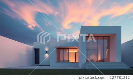 Flat-roof white house with concrete walls. 127781212