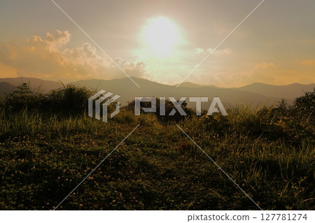 夕陽的天空，夕陽，雲彩，山脈，草原 127781274
