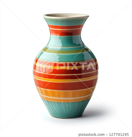 A modern ceramic vase with a textured surface, featuring horizontal bands of blue, orange, and yellow. 127781295