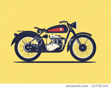 A 2D flat illustration of a vintage motorcycle, set against a solid yellow background. A 2D flat illustration of a vintage motorcycle, set against a solid yellow background. 127781341
