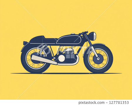 A 2D flat illustration of a vintage motorcycle, set against a solid yellow background. A 2D flat illustration of a vintage motorcycle, set against a solid yellow background. 127781353