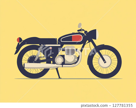 A 2D flat illustration of a vintage motorcycle, set against a solid yellow background. 127781355