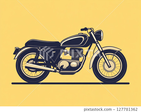 A 2D flat illustration of a vintage motorcycle, set against a solid yellow background. A 2D flat illustration of a vintage motorcycle, set against a solid yellow background. 127781362