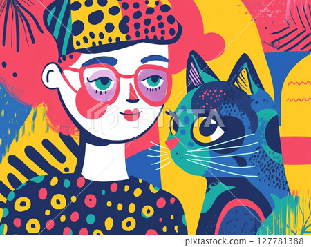 A vibrant illustration of a girl and a cat, set against a colorful background. 127781388