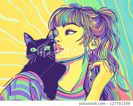 A vibrant illustration of a girl and a cat, set against a colorful background. 127781389