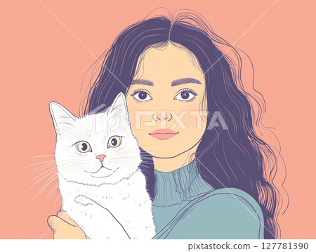 A vibrant illustration of a girl and a cat, set against a colorful background. 127781390