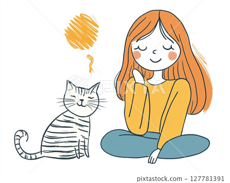 A vibrant illustration of a girl and a cat, set against a colorful background. 127781391