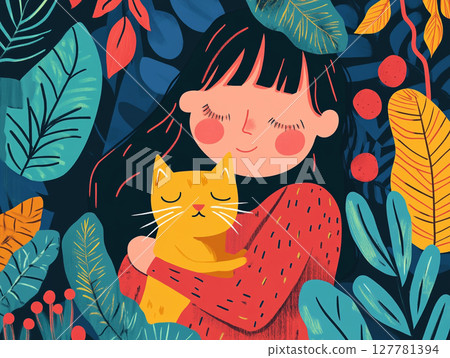 A vibrant illustration of a girl and a cat, set against a colorful background. 127781394