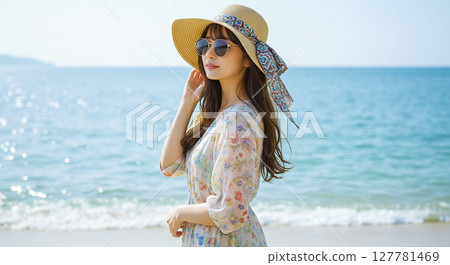 AI-generated image of a Japanese woman standing on a beach and looking at the sea AI-generated image of a Japanese woman standing on a beach and looking at the sea 127781469