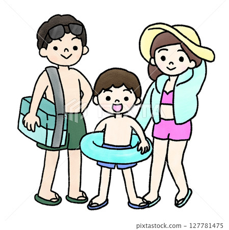手繪插畫的穿著泳衣的家庭 127781475
