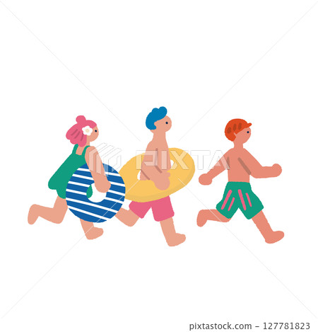 享受夏日的人們的插圖：穿著泳衣奔跑的孩子們 127781823