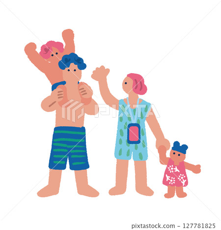 Illustration of people enjoying summer: Parents and children in swimsuits Illustration of people enjoying summer: Parents and children in swimsuits 127781825