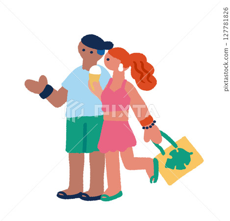 Illustration of people enjoying summer: A couple eating ice cream Illustration of people enjoying summer: A couple eating ice cream 127781826