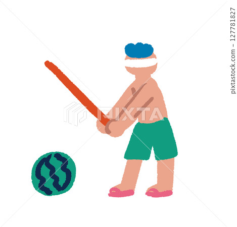 Illustration of people enjoying summer: A man splitting a watermelon 127781827