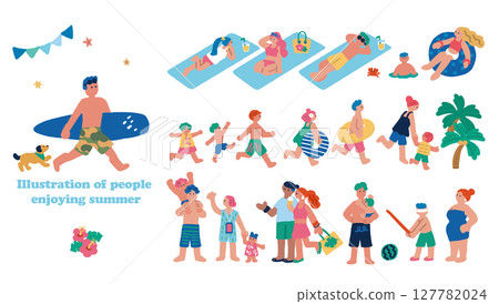 平面手繪插畫集人們享受夏天 平面手繪插畫集人們享受夏天 127782024
