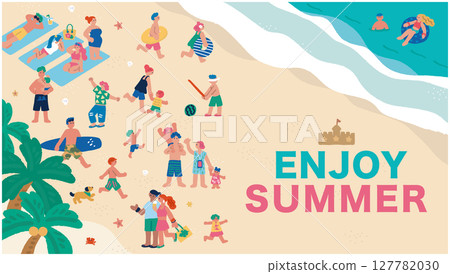 插圖描繪了熙熙攘攘的海灘和人們慶祝夏季大減價 插圖描繪了熙熙攘攘的海灘和人們慶祝夏季大減價 127782030