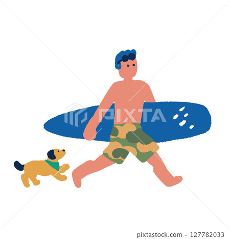 人們享受夏日的插圖：一個帶著衝浪板的男人和一隻狗 127782033