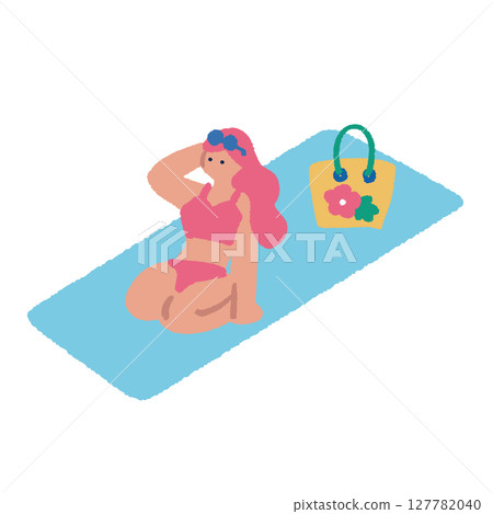 人們享受夏日的插圖：一位女士正在曬日光浴 127782040