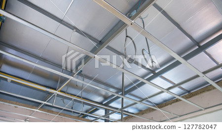 Sense of progress during an interior renovation project showing aluminium ceiling framework and electrical wiring installation creating an industrial atmosphere Sense of progress during an interior renovation project showing aluminium ceiling framework and electrical wiring installation creating an industrial atmosphere 127782047