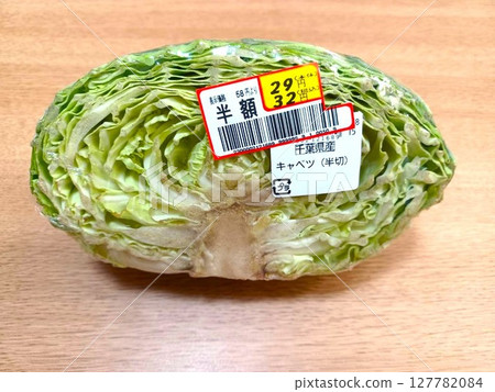 Cabbages discounted by half price, clearance items, discounted items 127782084