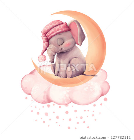Adorable illustration of baby elephant in pink nightcap sleeping on a crescent moon with fluffy clouds. Perfect for nursery decor, baby clothing, or greeting cards Adorable illustration of baby elephant in pink nightcap sleeping on a crescent moon with fluffy clouds. Perfect for nursery decor, baby clothing, or greeting cards 127782111