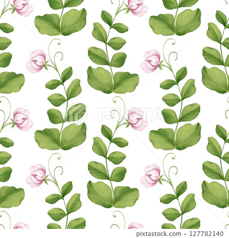 Charming seamless pattern of pink sweet pea flowers and green leaves 127782140