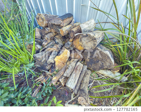 A pile of cut firewood near a garden shed A pile of cut firewood near a garden shed 127782165