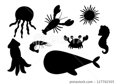 Cute sea whale, jellyfish and urchin silhouette. Ocean underwater animals isolated on white background 127782505