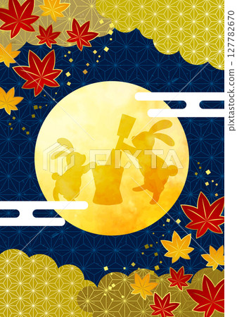 Patterned autumn leaves and full moon, full moon viewing background, vertical, illustration, cute, rabbit 127782670