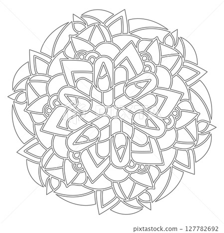 Contour mandala ornament for coloring and scrapbooking. Symmetrical pattern in Tantric yoga of Buddhism and Hinduism. A design element for the development of a color composition 127782692