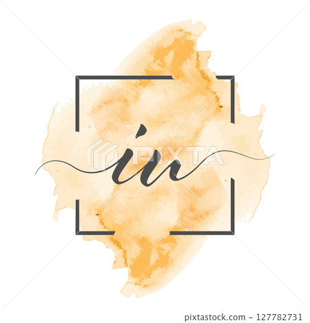 Calligraphic lowercase letters I and U are written in a solid line on a colored background in a frame 127782731