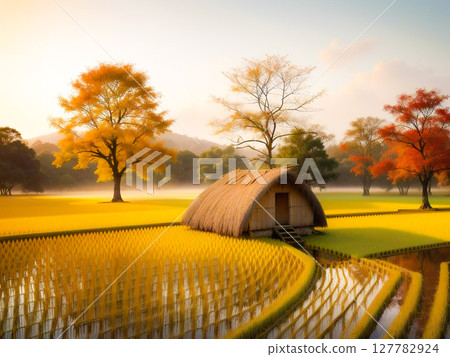 金色的稻田在清晨的陽光下閃閃發光，茅草屋頂漂浮在薄霧中，鄉村風光2 127782924