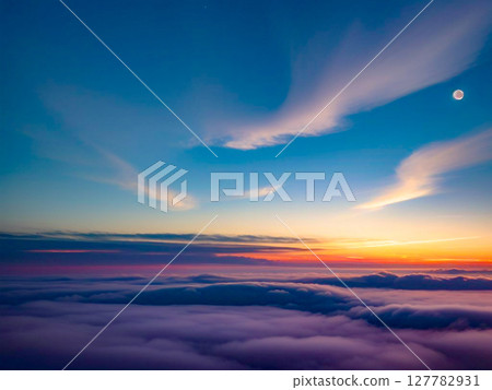 Sunset sky with the moon floating, clouds stretching to the horizon 2 127782931