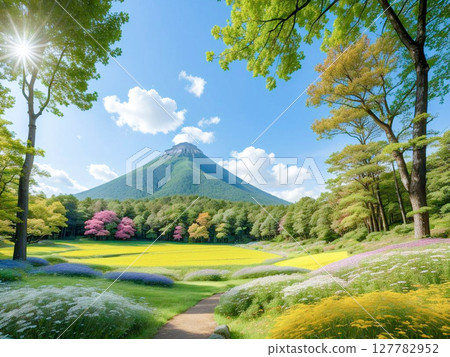 A garden overlooking Mt. Fuji, autumn leaves, fresh greenery and colorful flowers 2 127782952