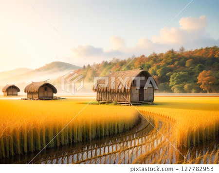 金色的稻田在清晨的陽光下閃閃發光，茅草屋頂漂浮在薄霧中，鄉村風光1 127782953