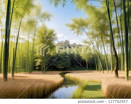 Bamboo forest under blue skies, golden fields and flowing streams1 127782957