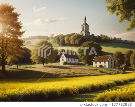 A rapeseed flower field shining in the sunset, a church and a house standing on a hill 127782958