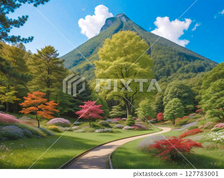 可以欣賞山景的公園，有一條小路，周圍有五顏六色的花朵和新鮮的綠色植物 127783001