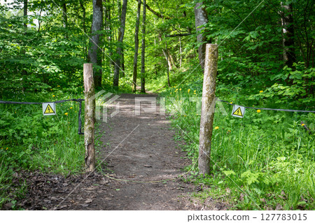 Forest Trail Entrance with Electric Warning Signs and Rope Barrier for Restricted Access 127783015